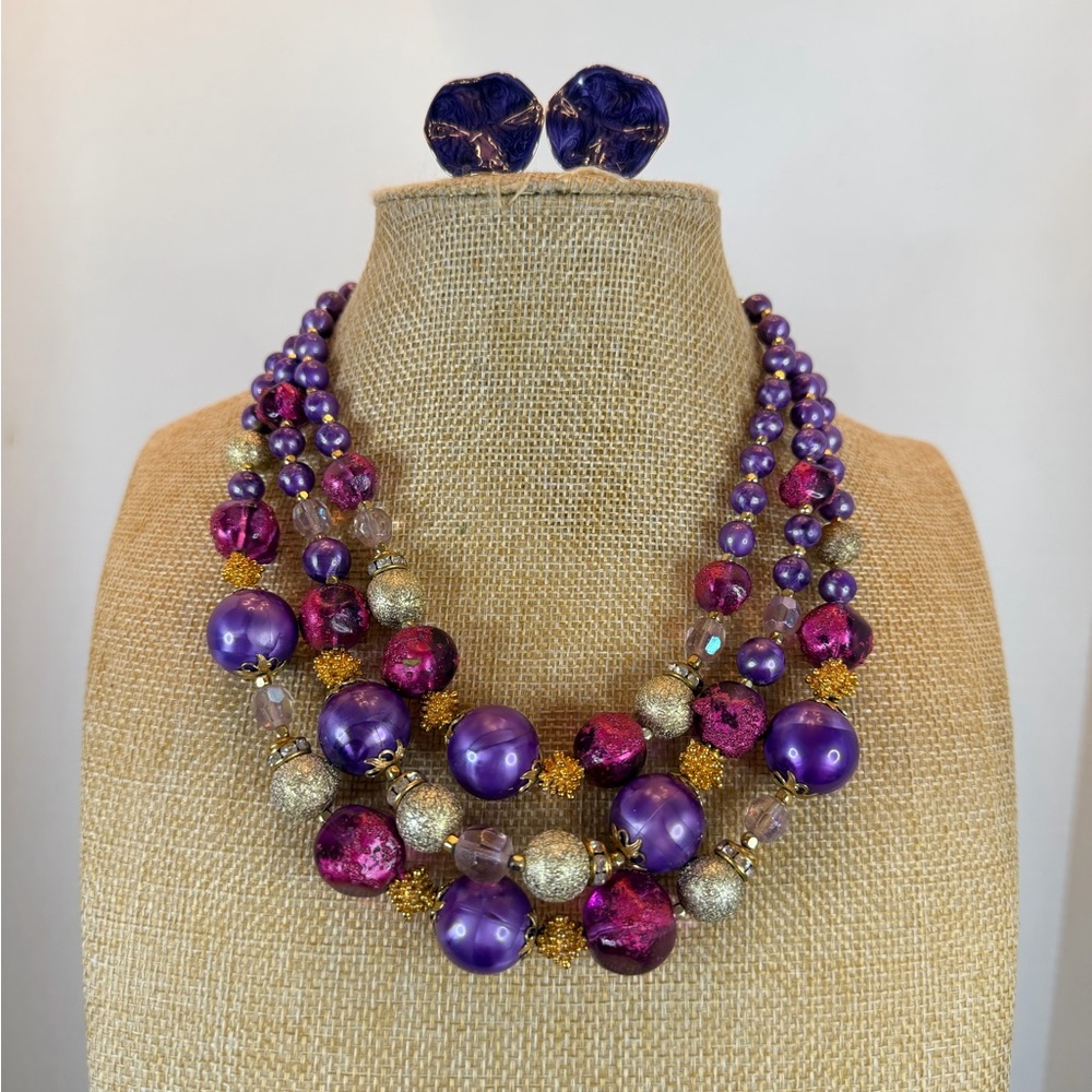 Deauville Multi-Strand Necklace of Purple and Gold Beads with Clip Earrings
